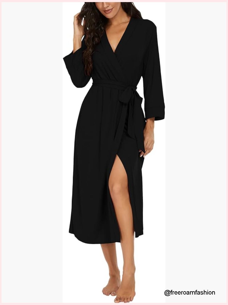 Women Long Knit Bathrobe Soft Lightweight With Pockets Relaxed Fit Calf Length